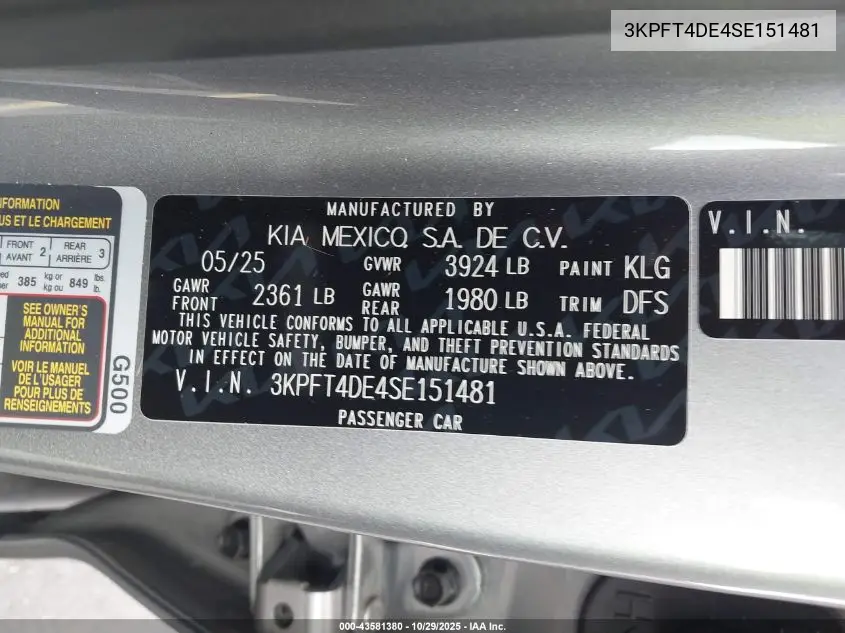 3KPFT4DE4SE151481 2025 Kia K4 Lxs