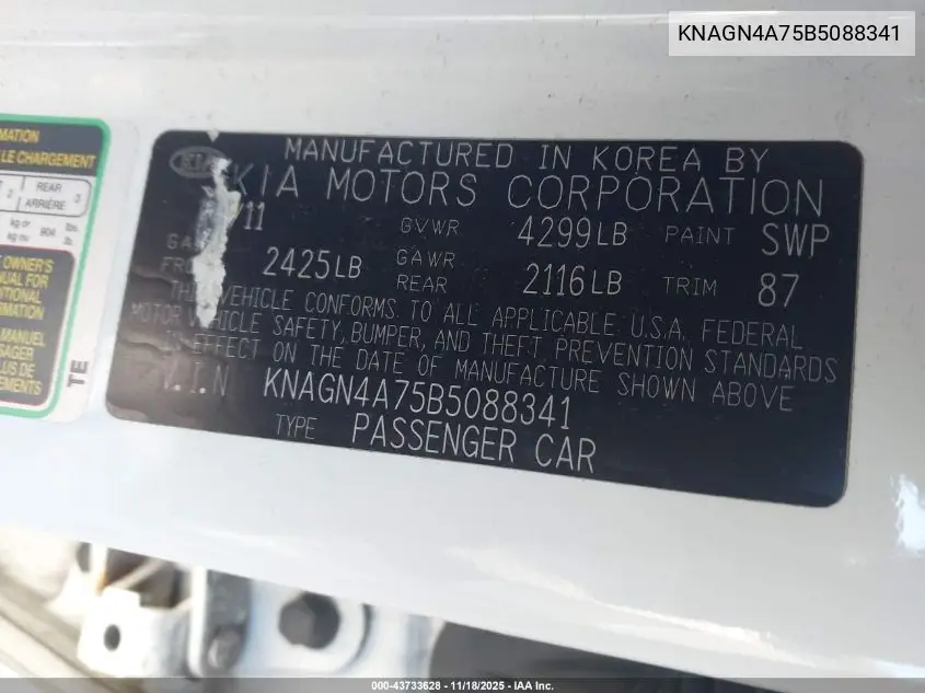 KNAGN4A75B5088341 2011 Kia Optima Ex