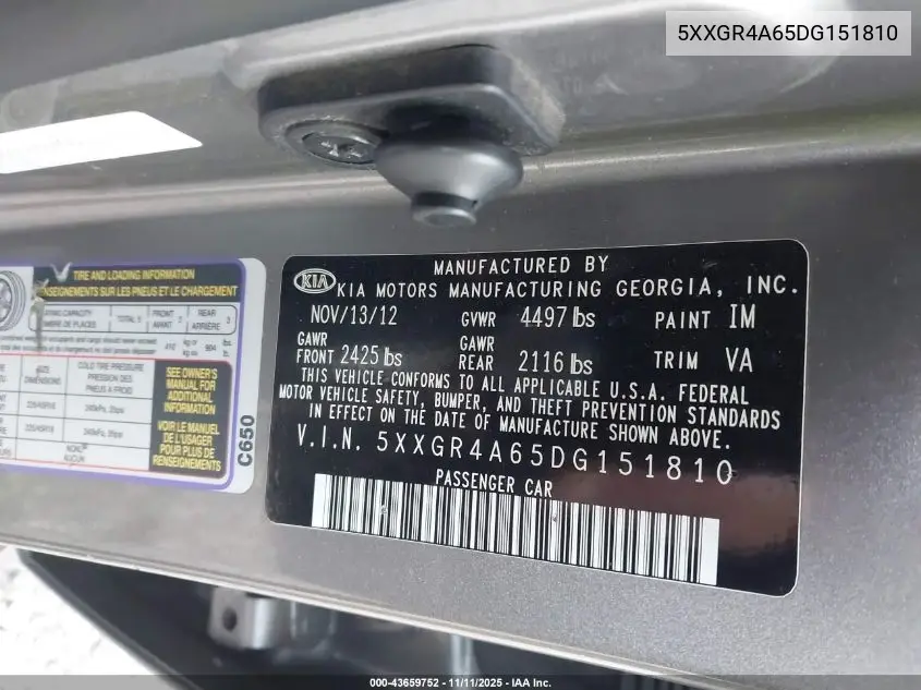 5XXGR4A65DG151810 2013 Kia Optima Sx