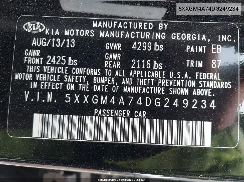 5XXGM4A74DG249234 2013 Kia Optima Lx