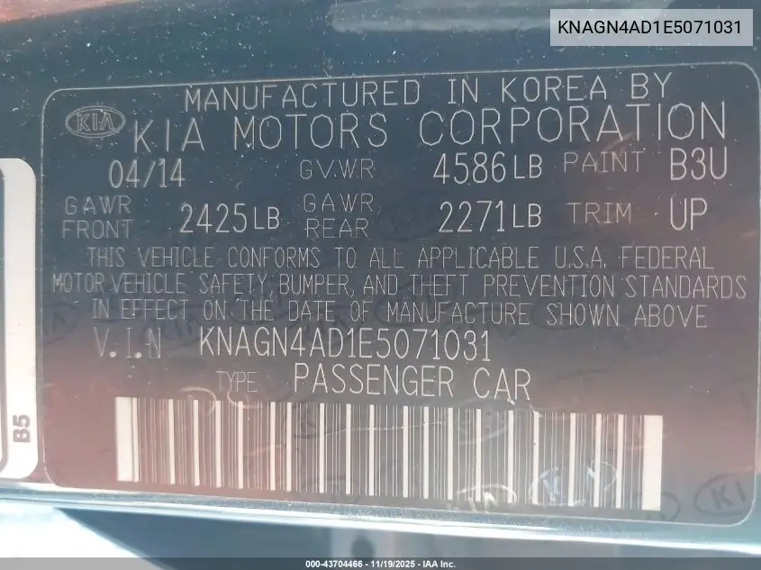 KNAGN4AD1E5071031 2014 Kia Optima Hybrid Ex