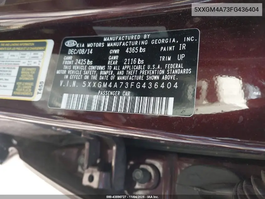 5XXGM4A73FG436404 2015 Kia Optima Lx
