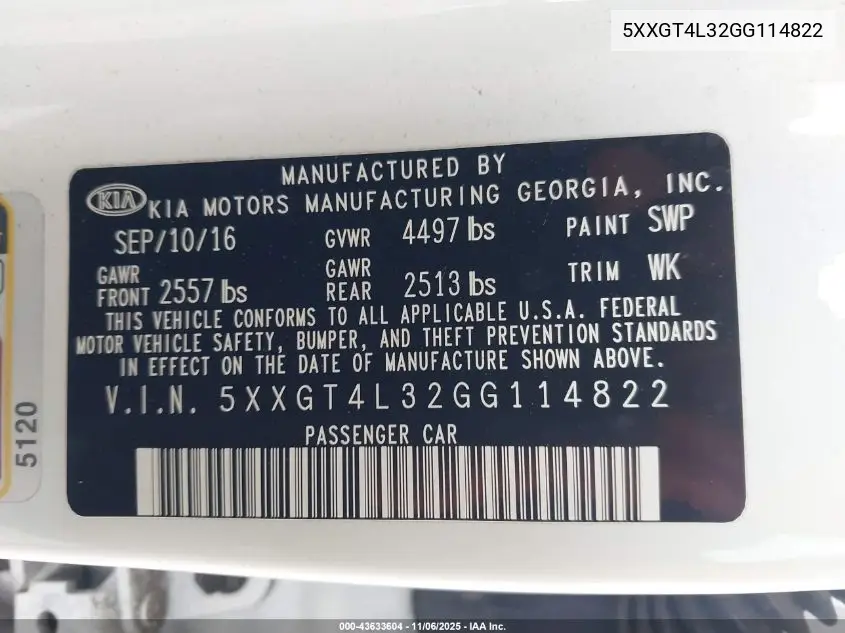 5XXGT4L32GG114822 2016 Kia Optima Lx