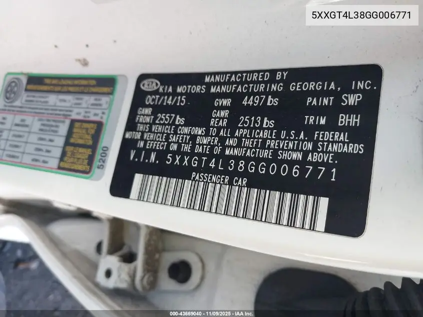 5XXGT4L38GG006771 2016 Kia Optima Lx