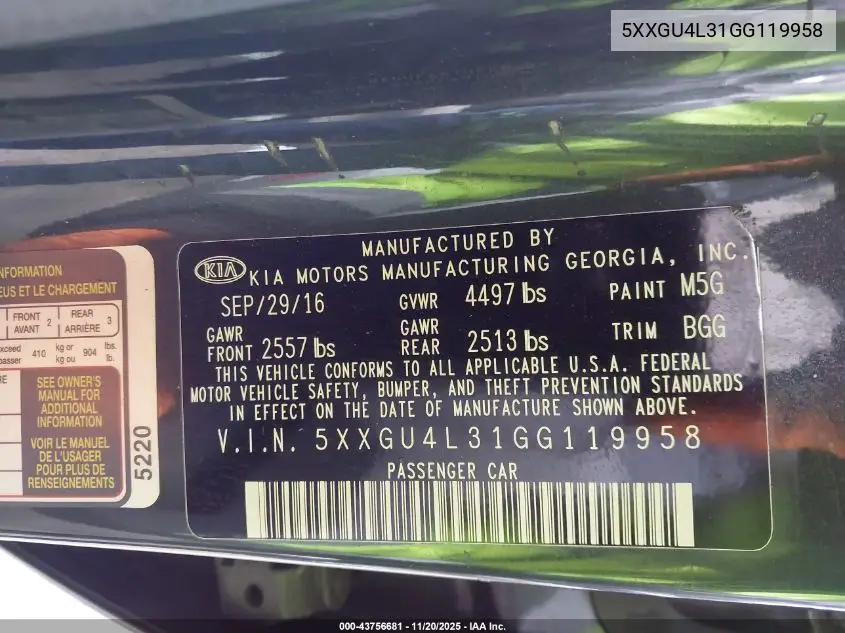 5XXGU4L31GG119958 2016 Kia Optima Ex