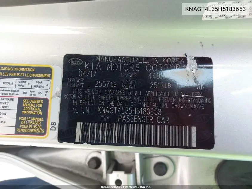 KNAGT4L35H5183653 2017 Kia Optima Lx