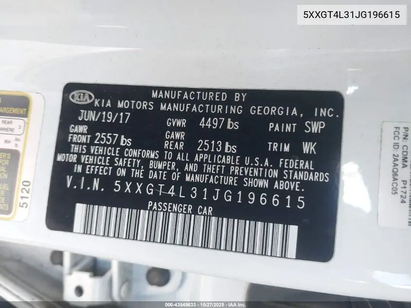 5XXGT4L31JG196615 2018 Kia Optima Lx