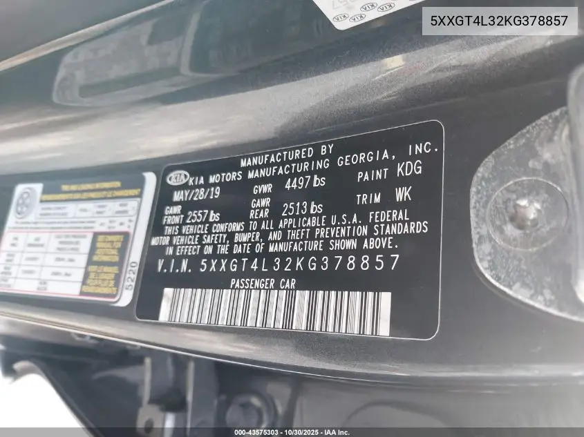 5XXGT4L32KG378857 2019 Kia Optima Lx