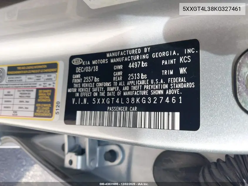 5XXGT4L38KG327461 2019 Kia Optima Lx
