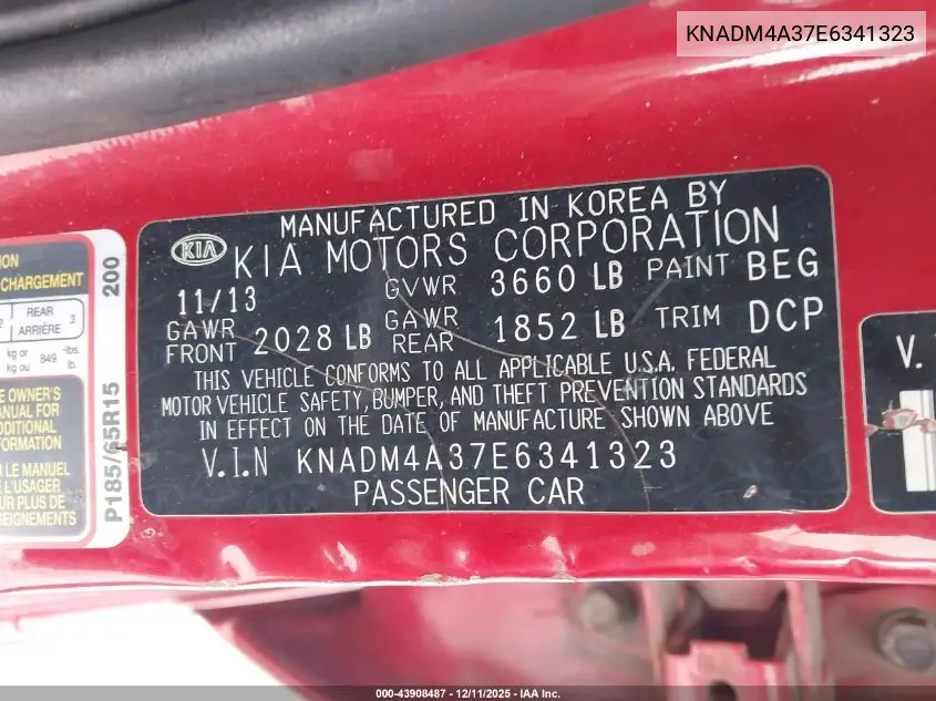 KNADM4A37E6341323 2014 Kia Rio Lx