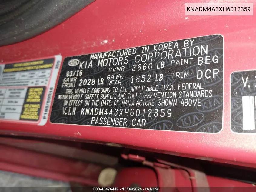 KNADM4A3XH6012359 2017 Kia Rio Lx