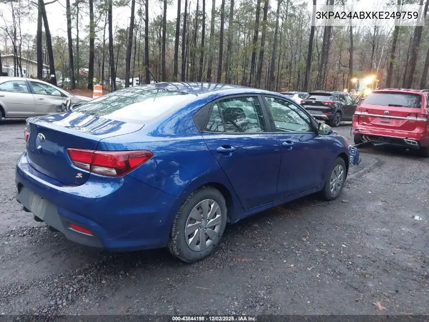 3KPA24ABXKE249759 2019 Kia Rio S