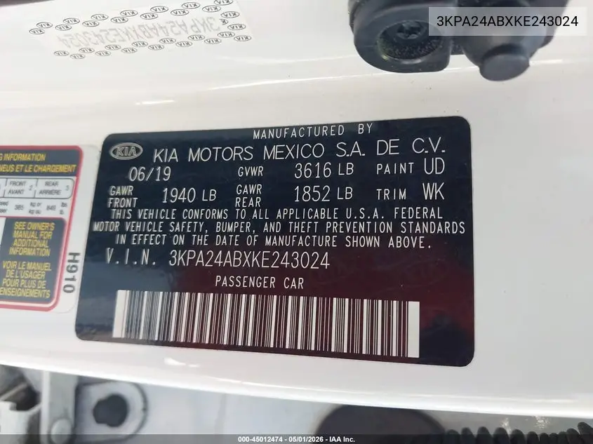 3KPA24ABXKE243024 2019 Kia Rio S