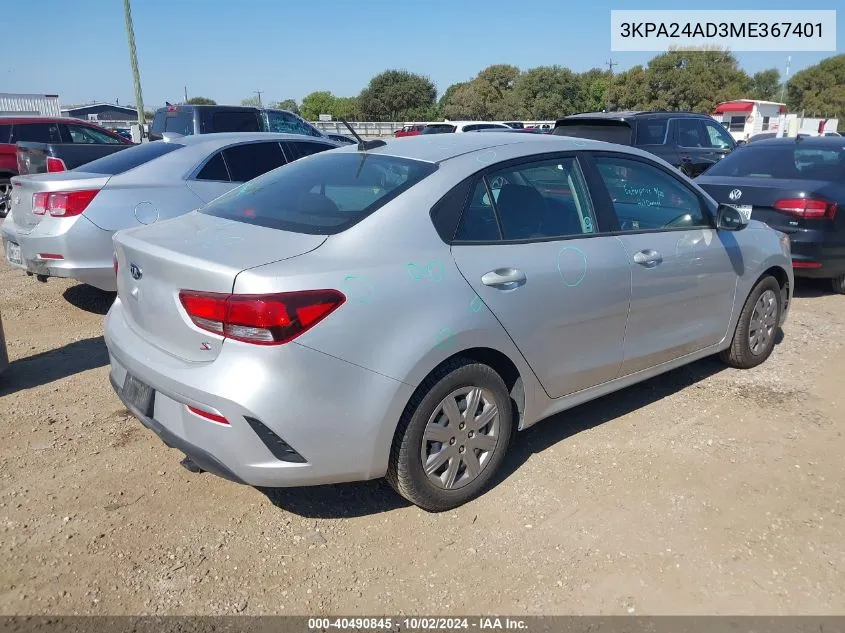 3KPA24AD3ME367401 2021 Kia Rio S