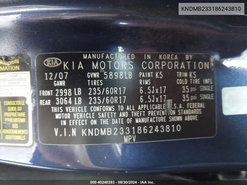 KNDMB233186243810 2008 Kia Sedona Ex