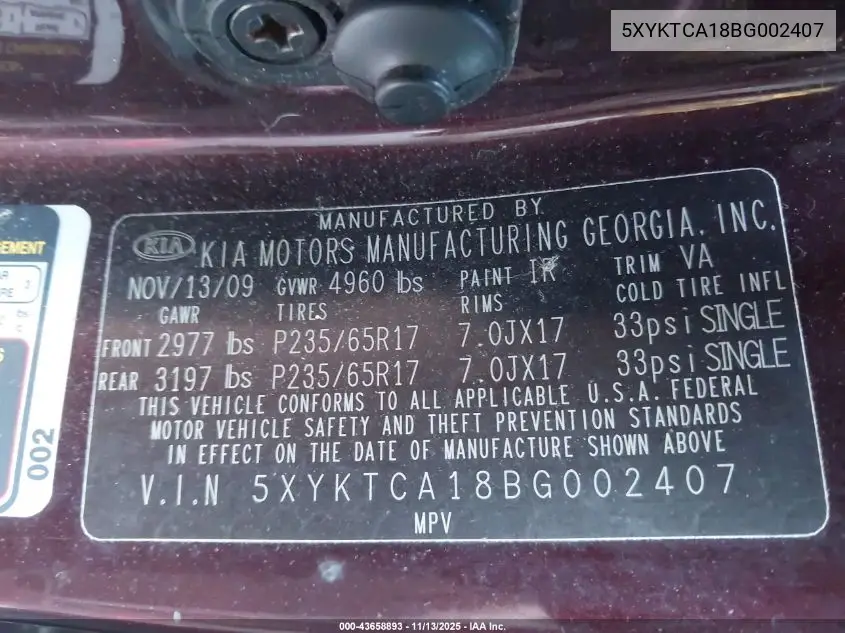 5XYKTCA18BG002407 2011 Kia Sorento Lx