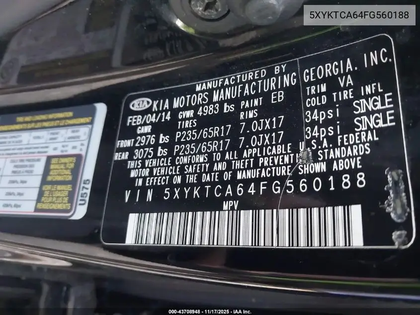 5XYKTCA64FG560188 2015 Kia Sorento Lx