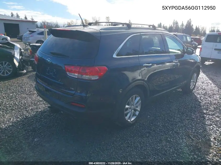 5XYPGDA56GG112950 2016 Kia Sorento 3.3L Lx