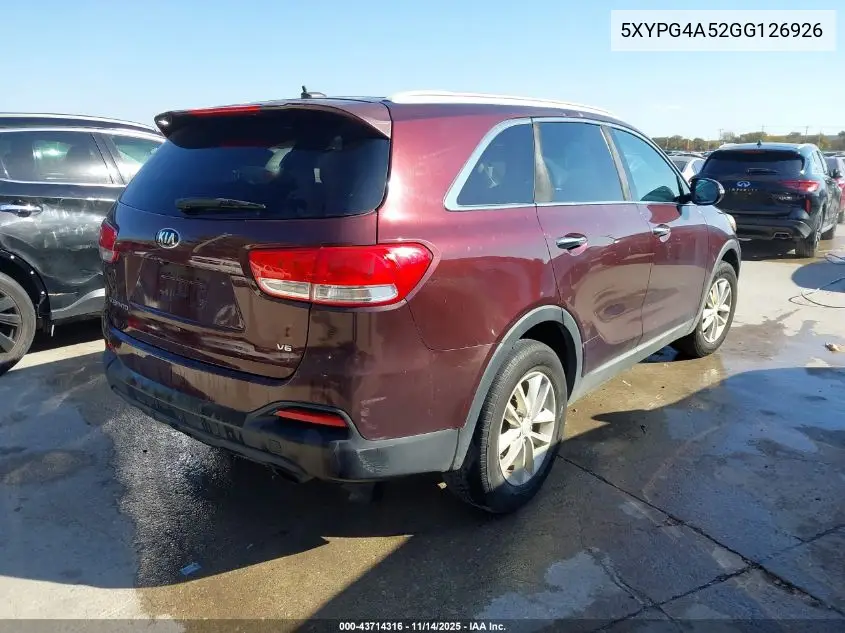 5XYPG4A52GG126926 2016 Kia Sorento 3.3L Lx
