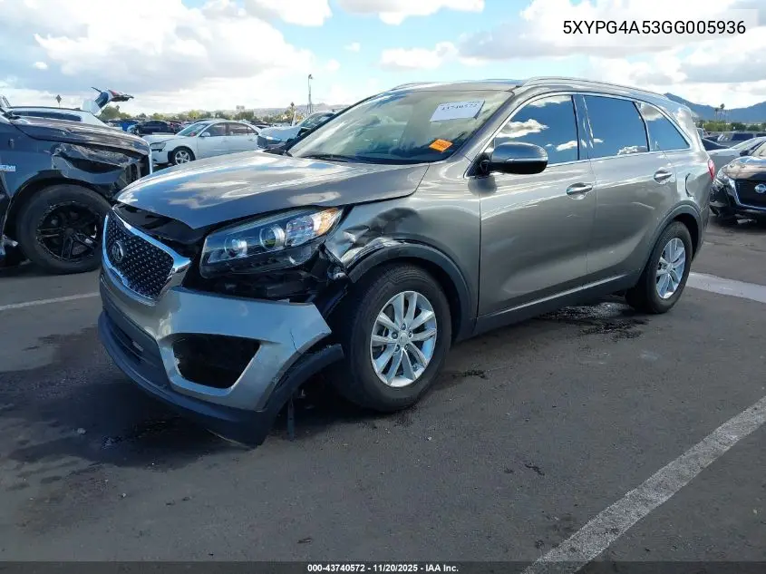 5XYPG4A53GG005936 2016 Kia Sorento 3.3L Lx