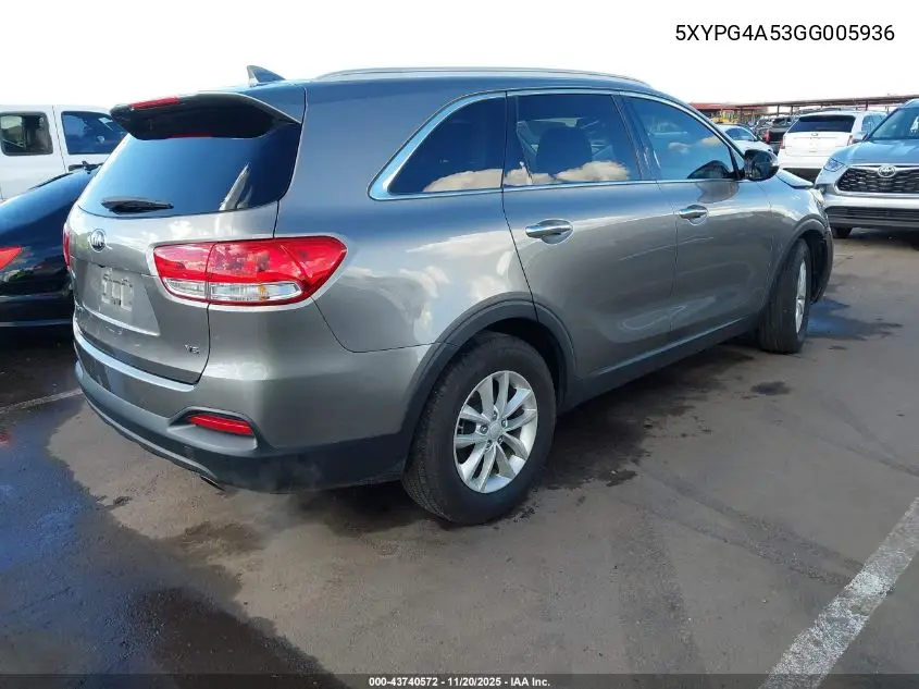 5XYPG4A53GG005936 2016 Kia Sorento 3.3L Lx