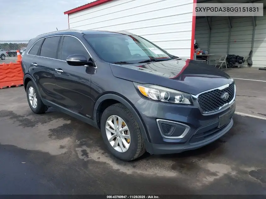 5XYPGDA38GG151831 2016 Kia Sorento 2.4L Lx