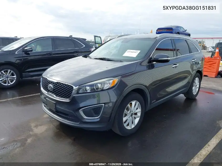 5XYPGDA38GG151831 2016 Kia Sorento 2.4L Lx
