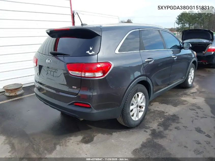 5XYPGDA38GG151831 2016 Kia Sorento 2.4L Lx