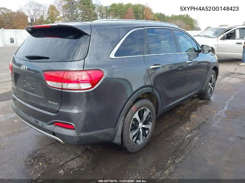 5XYPH4A52GG148423 2016 Kia Sorento 3.3L Ex