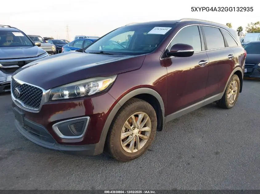 5XYPG4A32GG132935 2016 Kia Sorento 2.4L Lx