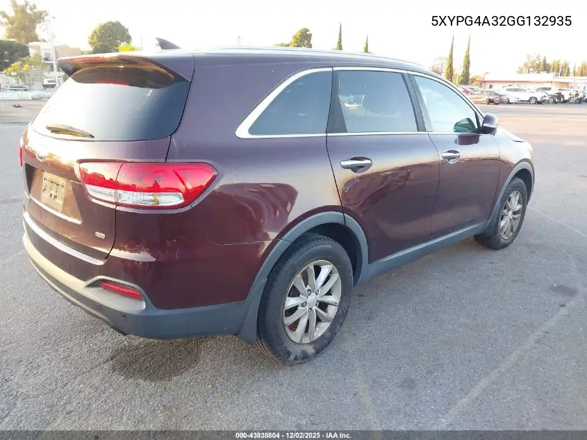 5XYPG4A32GG132935 2016 Kia Sorento 2.4L Lx