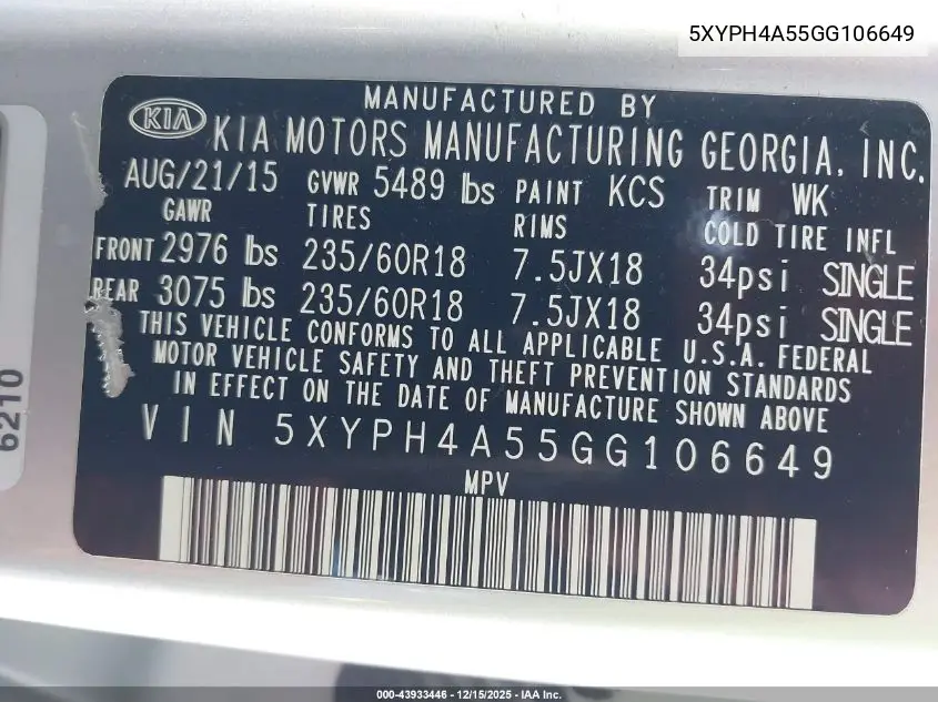 5XYPH4A55GG106649 2016 Kia Sorento 3.3L Ex