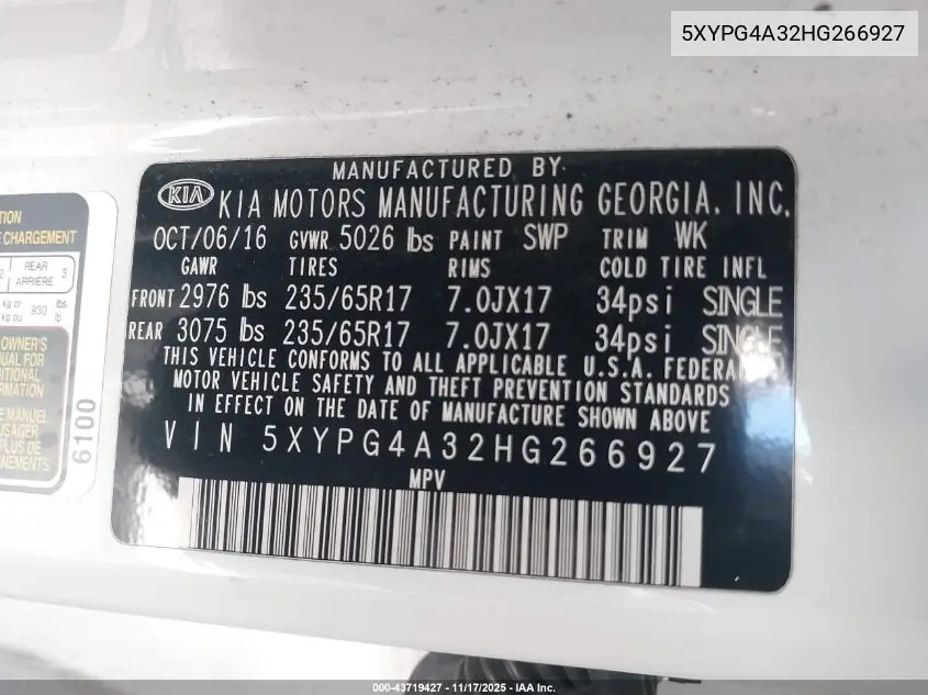 5XYPG4A32HG266927 2017 Kia Sorento 2.4L Lx
