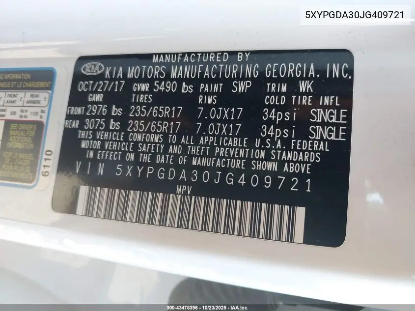 5XYPGDA30JG409721 2018 Kia Sorento 2.4L Lx