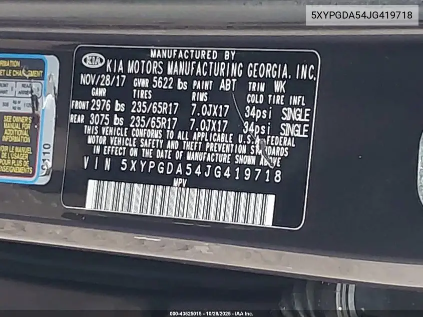 5XYPGDA54JG419718 2018 Kia Sorento 3.3L Lx