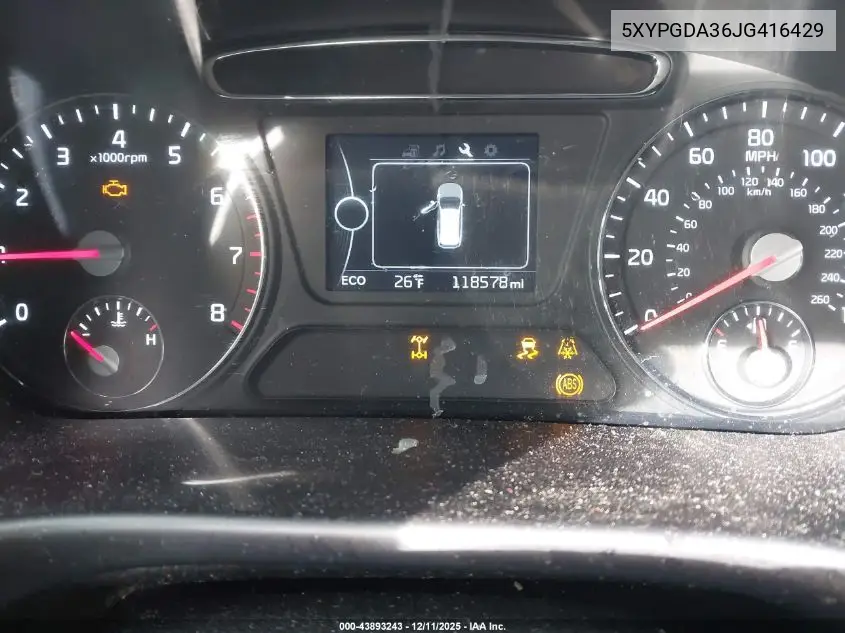 5XYPGDA36JG416429 2018 Kia Sorento 2.4L Lx
