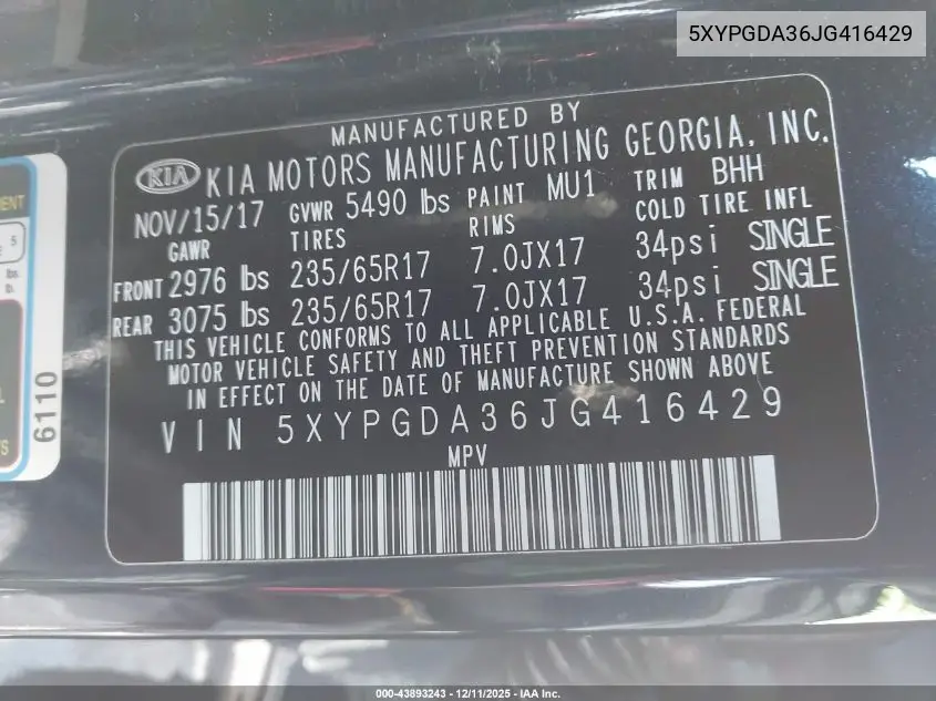 5XYPGDA36JG416429 2018 Kia Sorento 2.4L Lx