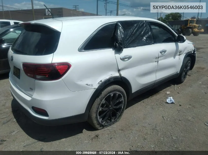 2019 Kia Sorento 2.4L Lx VIN: 5XYPGDA36KG546003 Lot: 39925828