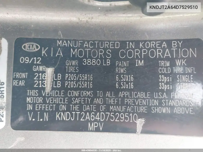 KNDJT2A64D7529510 2013 Kia Soul +