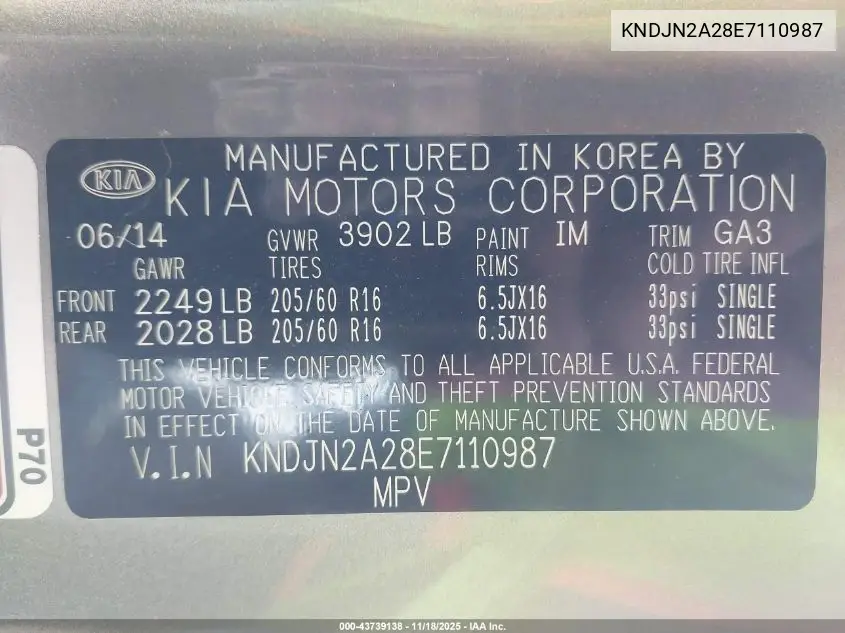 KNDJN2A28E7110987 2014 Kia Soul