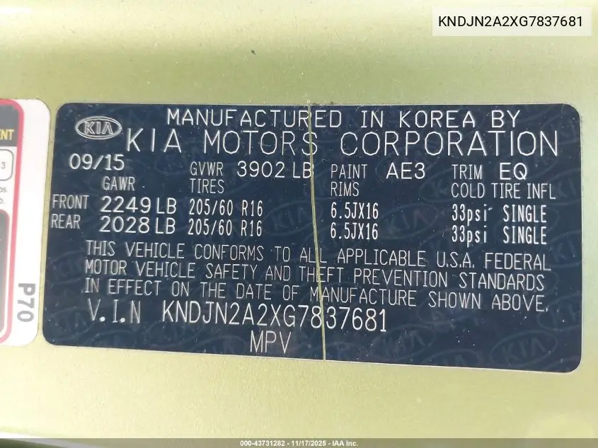 KNDJN2A2XG7837681 2016 Kia Soul