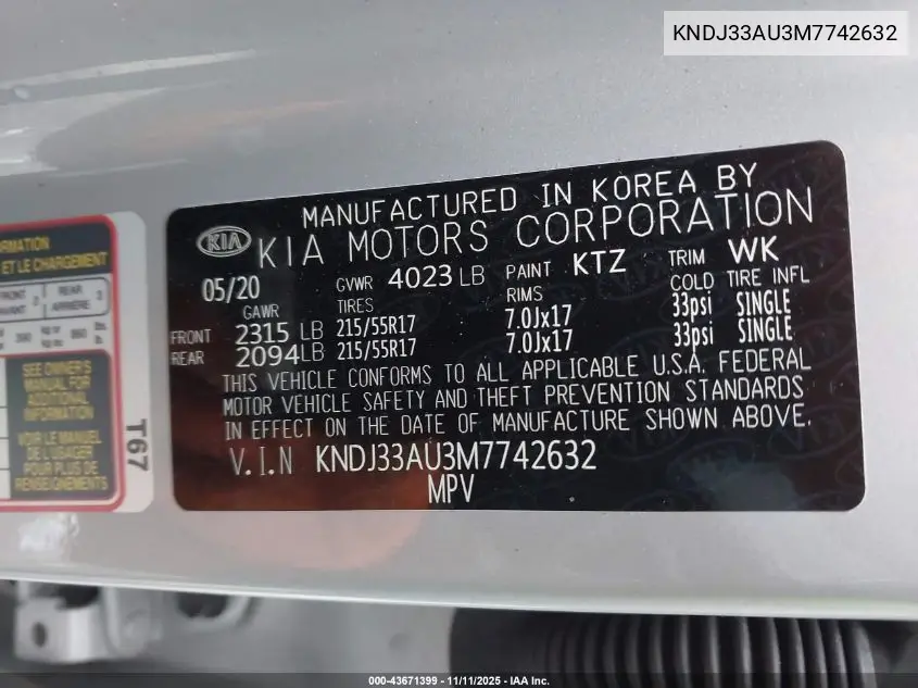 KNDJ33AU3M7742632 2021 Kia Soul Ex
