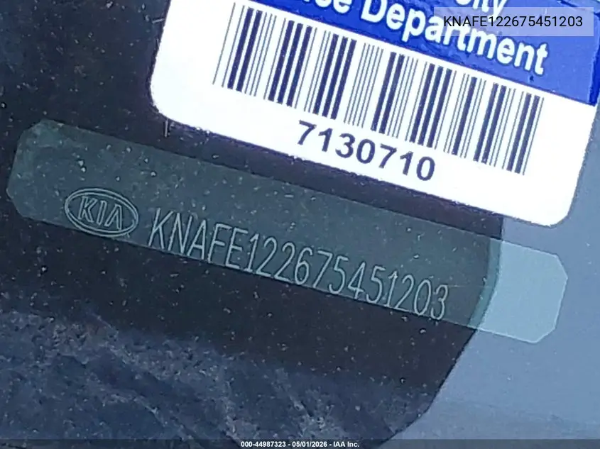 2007 Kia Spectra Ex VIN: KNAFE122675451203 Lot: 44987323
