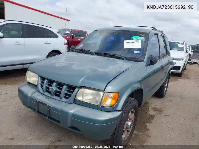 2001 Kia Sportage VIN: KNDJA723615692190 Lot: 39966252