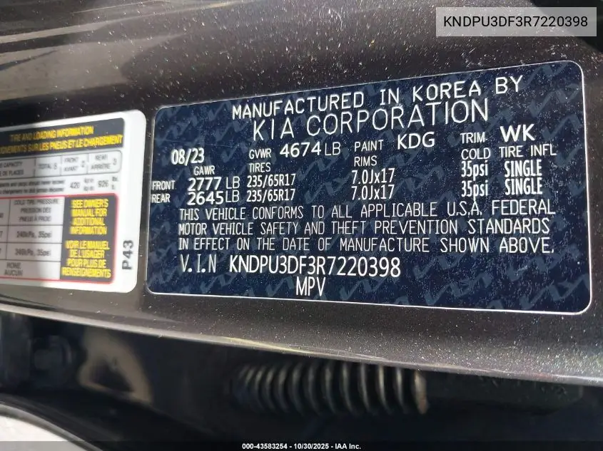 KNDPU3DF3R7220398 2024 Kia Sportage Lx