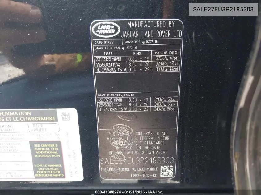 Auction sale of the 2023 Land Rover Defender , vin: SALE27EU3P2185303, lot number: 41388274
