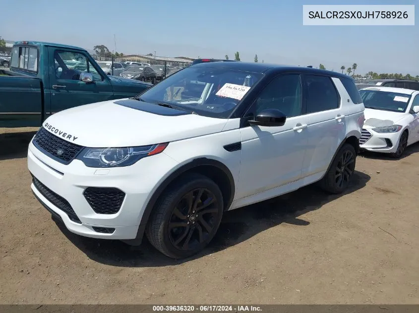 2018 Land Rover Discovery Sport Hse VIN: SALCR2SX0JH758926 Lot: 39636320