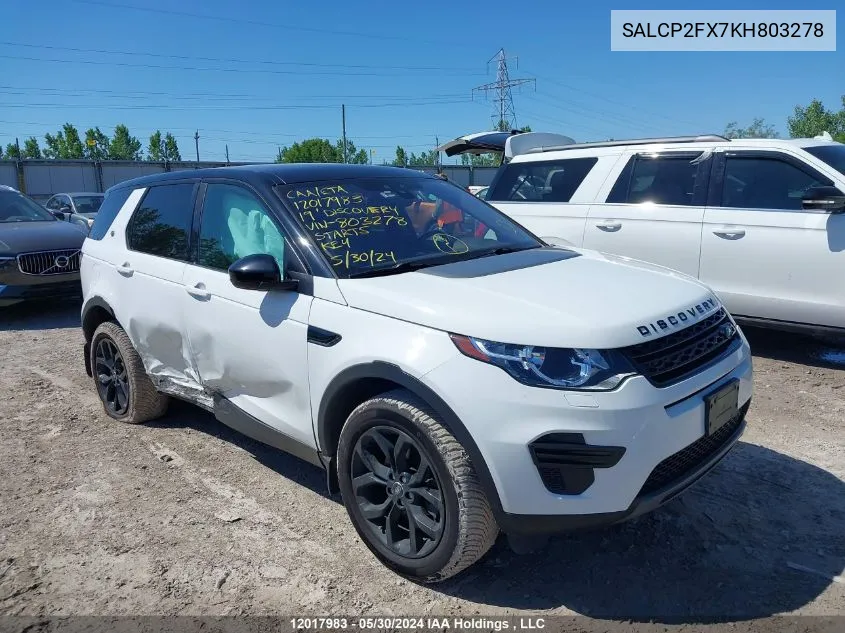 2019 Land Rover Discovery Sport Se VIN: SALCP2FX7KH803278 Lot: 12017983