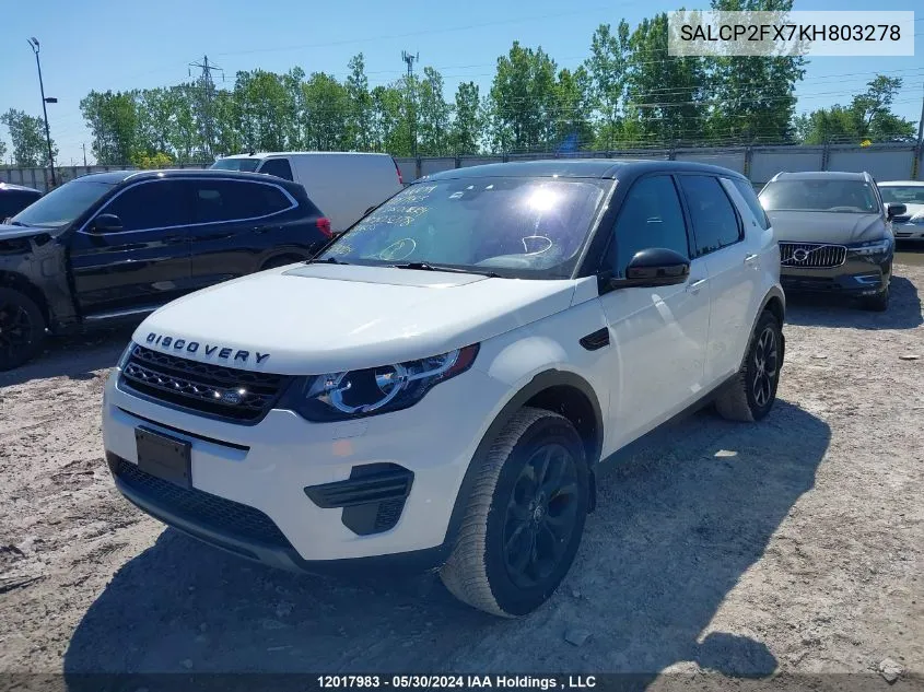 2019 Land Rover Discovery Sport Se VIN: SALCP2FX7KH803278 Lot: 12017983