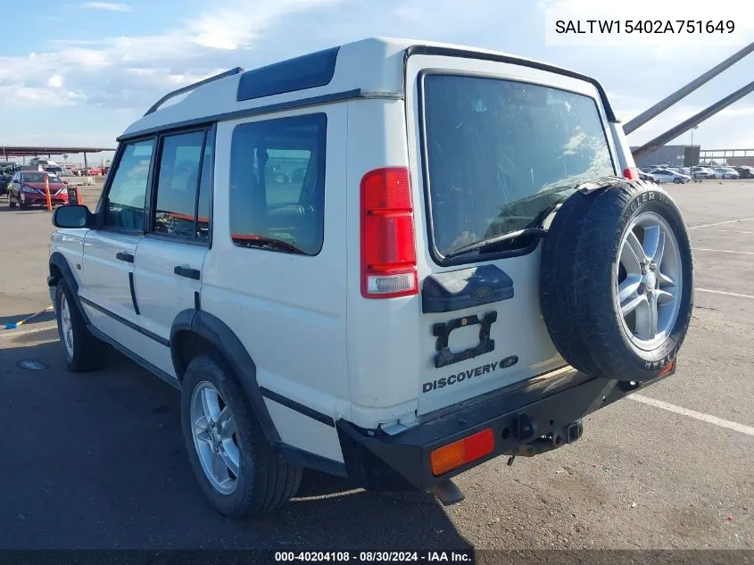 2002 Land Rover Discovery Series Ii Se VIN: SALTW15402A751649 Lot: 40204108